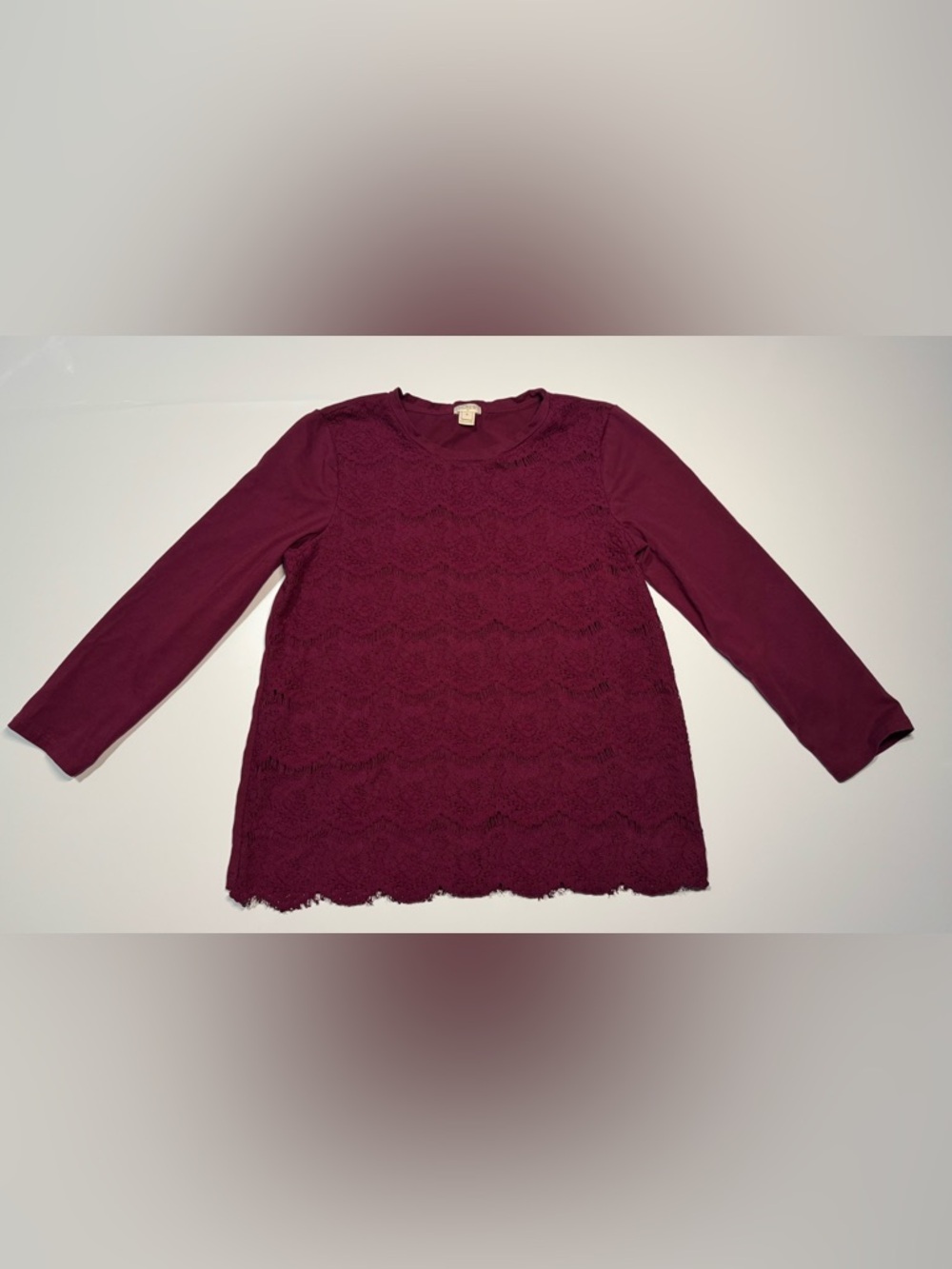 J Crew Cotton Blend Scallop Lace Long Sleeve Casual Top Burgundy Sz M